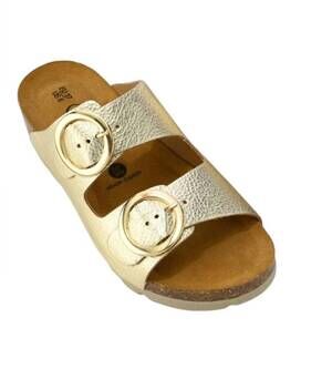 NEW PLAKTON women's cora slide on dual strap adjustable sandals in metallic gold